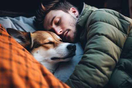 Young Man And Dog Sleeping Together In Bed.の素材
