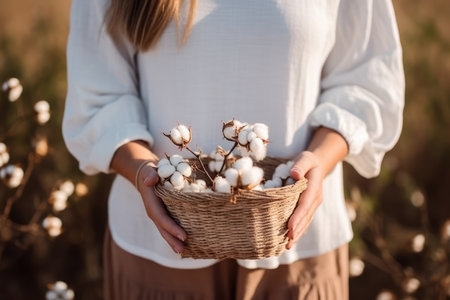 Woman Holding Basket Of Cotton, Representing Agriculture Or Textile Production.の素材