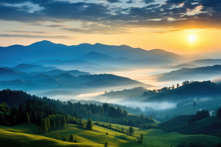 Captivating Sunrise Over Majestic Green Mountains: Refreshing, Unforgettable Display Of Nature's Splendor.の素材
