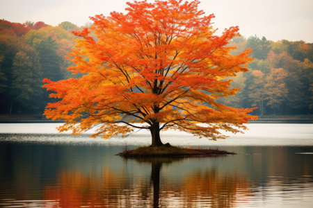 Breathtaking Autumn Tree Reflecting In Serene Lake: Vibrant Display Of Colors. .