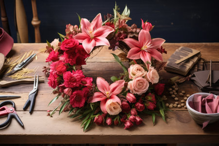 Create Wreath Using Seasonal Flowers And Foliage.の素材
