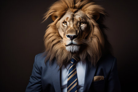 Lion Embracing Fashion: Wearing A Stylish Suit And Tie, Posing With Grace.の素材