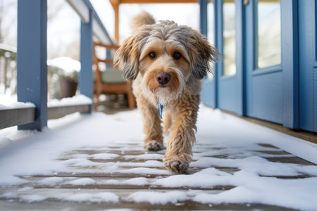 Dog With Muddy Paws Leaving Prints On Snowy Porch.の素材