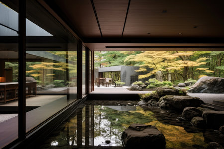 Japanese Indoor Stone And Water Garden, Modern Architecture.の素材
