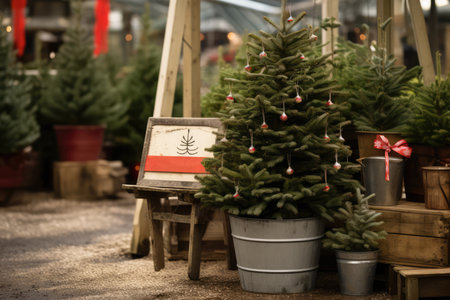 Tree Stand With Festive Decorations And Sale Sign.の素材
