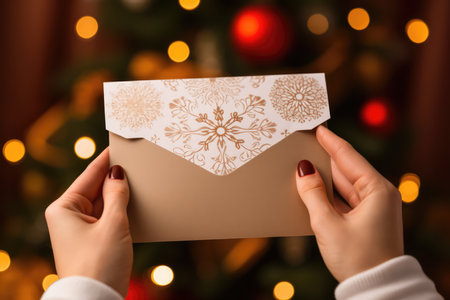 Hands Hold Envelope Over Festive Background.の素材