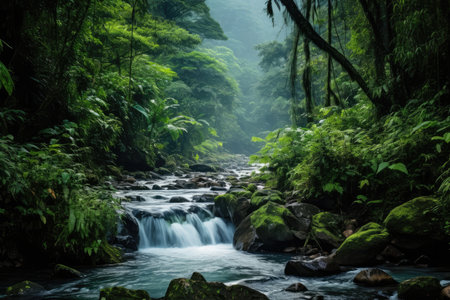 Tranquil Scene: River Waterfall Surrounded By Lush Green Mountains And Rainforest In Still Life Up Close.の素材