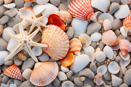 Pile Of Sea Shells And Rocks On Sandy Beach.の素材