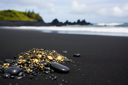 Pure Gold Displayed On Black Sand From The Mine.の素材