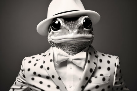 Fashionable Frog In Polka Dot Suit: Monochrome Portrait.の素材