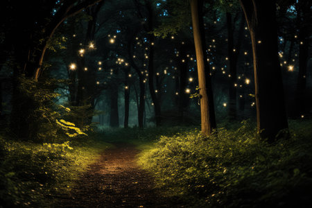 Walking Through Woods Magical, With Fireflies, Moon, And Stars.の素材