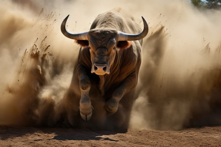 Charging Bull Raising Dust In Striking Photograph.の素材