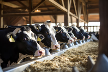 Group Of Cows Enjoying Their Meal In Cowshed.の素材