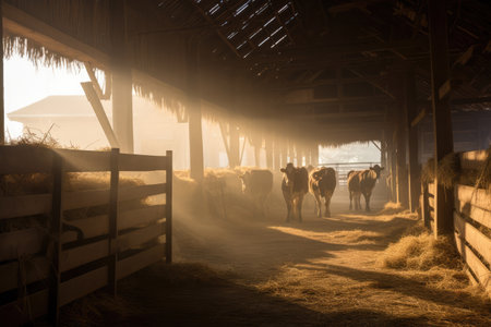 Morning Sun Illuminates Cowshed Filled With Animals And Hay.の素材