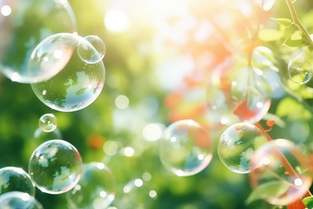 Blurring Nature Elements With Ethereal Soap Bubbles In Abstract Background.の素材