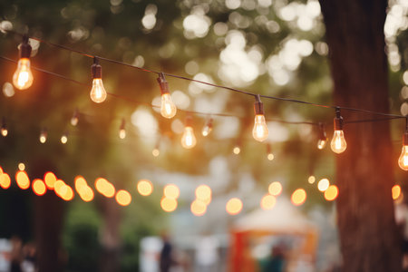 Capturing The Ambience: Blurred Image Of A Festive Outdoor Party Illuminated By Lamp Garlands.の素材