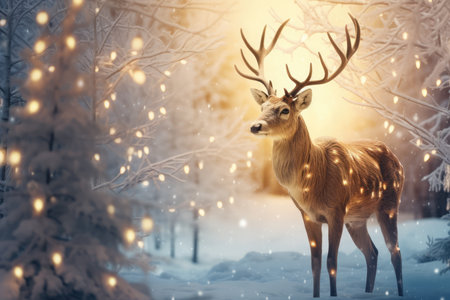 Magical Winter Scene: Enchanting Reindeer Illuminated By Glowing Lights.の素材