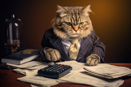 Cat Accountant With Calculator And Bills, Exploring Ai Technology.の素材