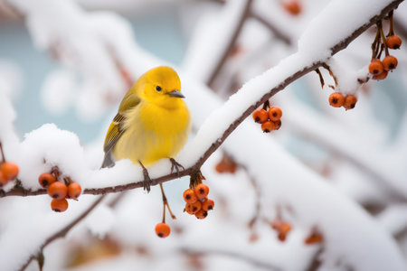 Delightful Yellow Bird Perches On A Snowcovered Tree Branch.の素材