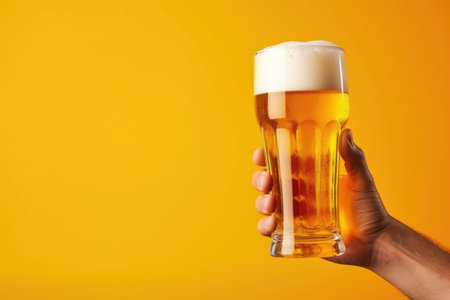 Glass Of Beer Held By Hand Against Yellow Background.の素材