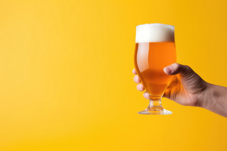 Hand Holding Glass Of Beer Against Colorful Background.の素材
