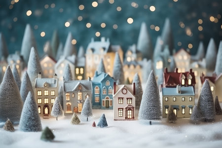 Christmas Miniature Scene Of Cozy Town With Festive Buildings.の素材