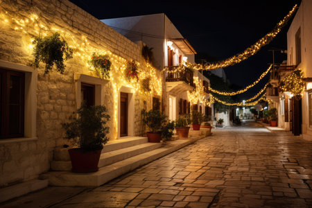 Traditional Houses Adorned With Christmas Garlands And Lights.の素材