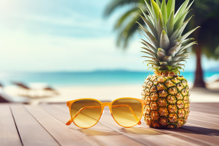 Pineapple Sporting Sunglasses On A Table.の素材