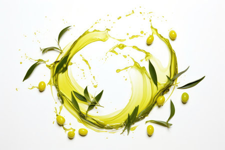 Artistic Presentation Of Olive Oil Splashes In A Circular Formation On A White Background.の素材