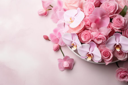 Elegant Floral Arrangement Featuring Beautiful Pink Roses And Orchid Flowers.の素材