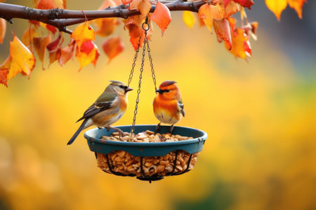 Little Birds Perching On Autumnthemed Bird Feeder.の素材