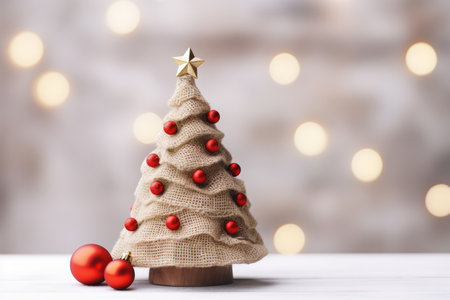 Adorn Your Holiday Season With A Charming Mini Christmas Tree On Burlap With Red Balls.の素材