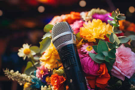 Colorful Mic Adorned With Flowers For Live Music Gigs.の素材