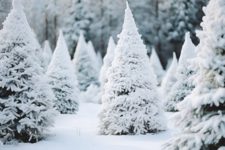 Several Christmas Trees With White Flock Material.の素材