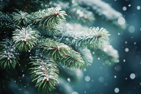 Enchanting Winter Scene: Evergreen Christmas Tree Branches Adorned With Falling Snowflakes.の素材