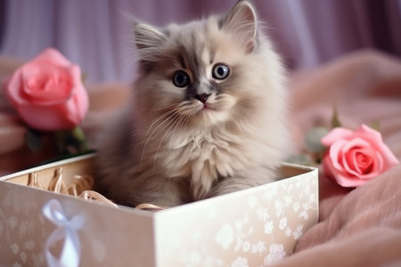 Kitten In Gift Box In The Hands Of Happy Woman.の素材