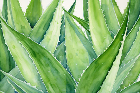 Artistic And Illustrative Watercolor Painting Of Aloe Vera Leaves.の素材