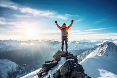 Triumphant Mountaineer Conquers Snowy Mountain Peak.の素材