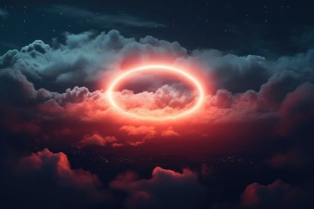 Abstract Cloud Illuminated With Neon Light Ring On Night Sky.の素材