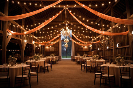 Barn Venue Decorated With Peachyorange Details For Rustic Weddings.の素材
