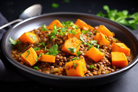 Dish With Peachyorange Sweet Potatoes And Lentils For Vegan Cuisine.の素材