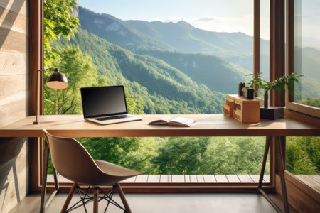Home Office With View, Desk By Window With Scenic View.の素材