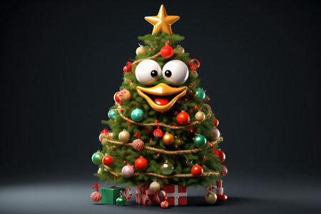 Festive Christmas Tree Showcases Adorable Character Face.の素材