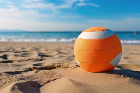 Game With Peachyorange Ball On The Sand For Beach Volleyball.の素材