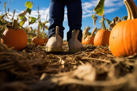 Fall Harvest From Childrens View Presents Lowangle View Of Child In Pumpkin Patch.の素材