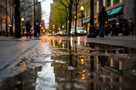 Spring Rain On City Streets Reflects City Life In Puddles During Spring Showers.の素材