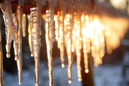 Winter Icicle Drip Provides Closeup Of Melting Icicles At The End Of Winter.の素材