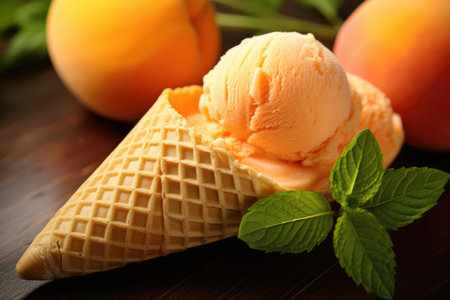 Scoop Of Peachyorange Sorbet In Cone For Ice Cream Treat.の素材