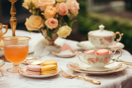 Elegant Tea Party With Peachy-Orange Macarons And Teacups.の素材
