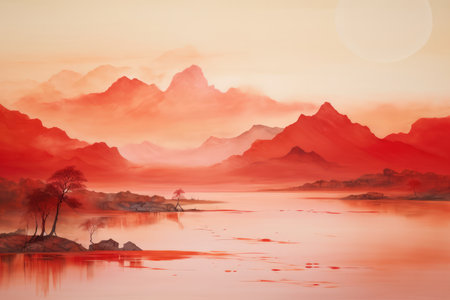 Stunning Red Landscape Painting With Hills And Trees In Chinese And Japanese Styles.の素材